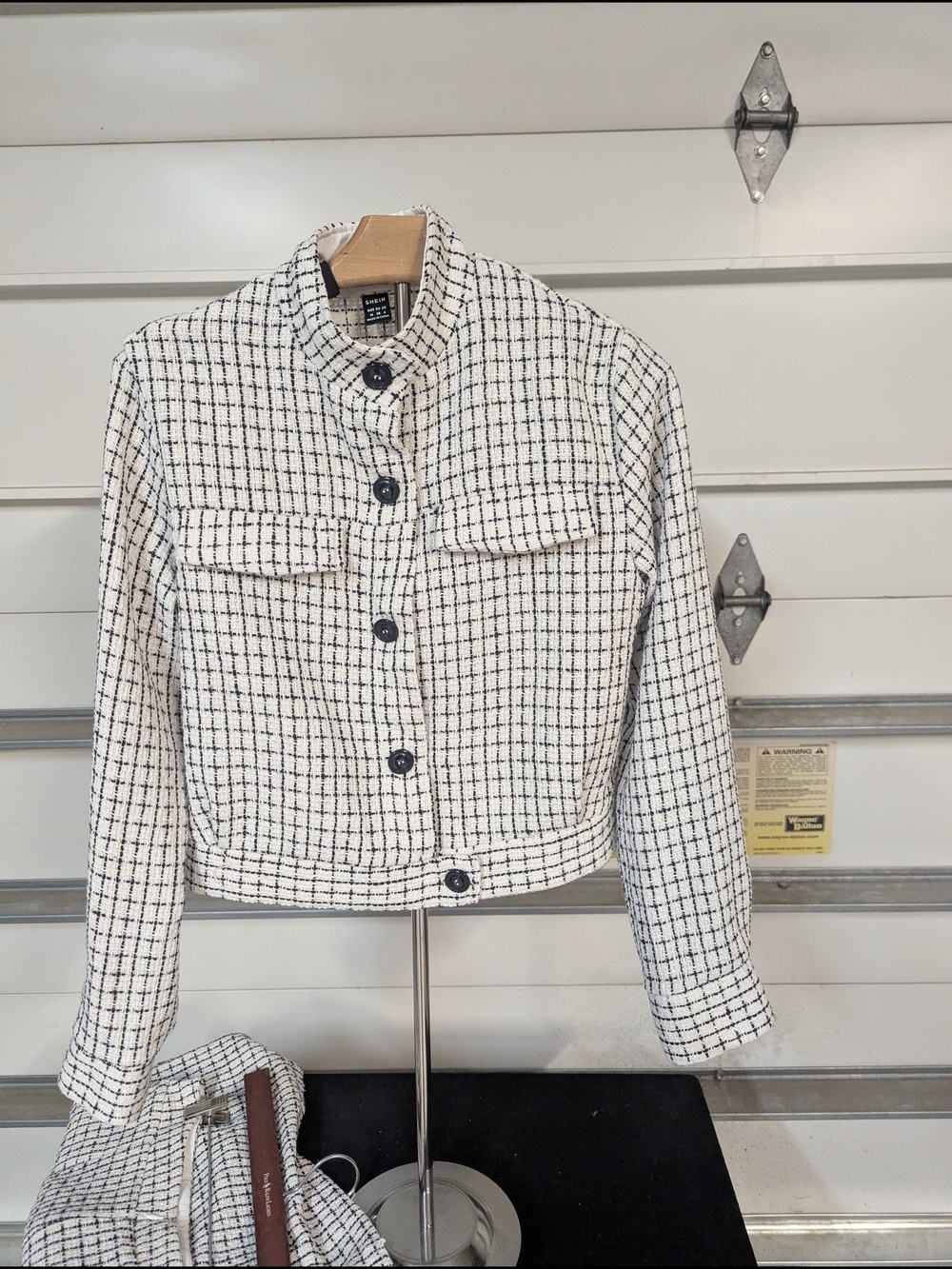 SHEIN White Tweed Grid Button-Up Jacket